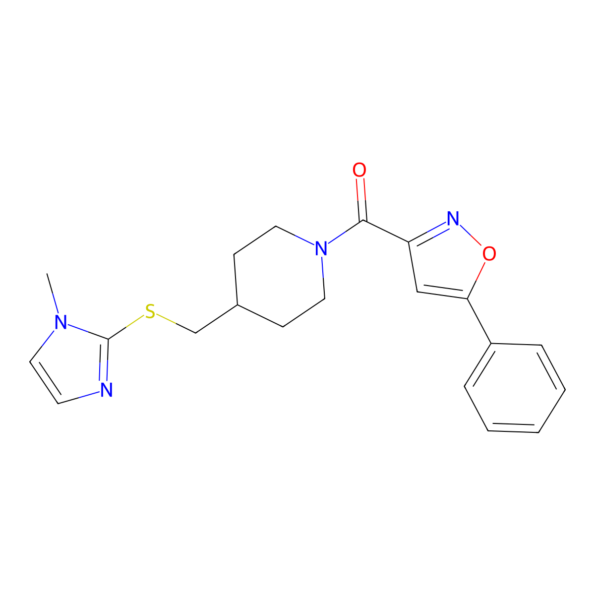 (4-(((1-methyl-1H-imidazol-2-yl)thio)methyl)piperidin-1-yl)(5-phenylisoxazol-3-yl)methanone molecular structure, CAS 1428352-54-8