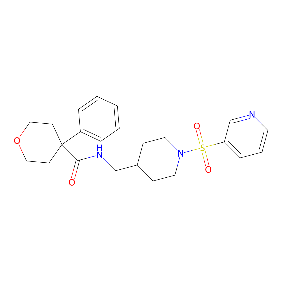 4-phenyl-N-((1-(pyridin-3-ylsulfonyl)piperidin-4-yl)methyl)tetrahydro-2H-pyran-4-carboxamide molecular structure, CAS 1428352-70-8