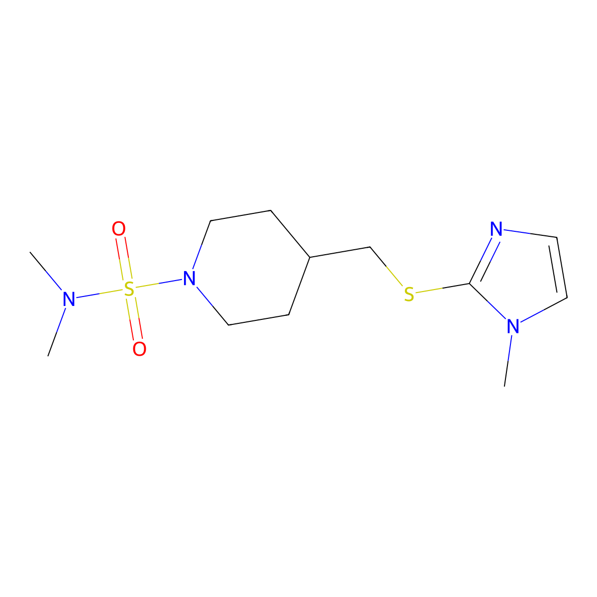 N,N-dimethyl-4-(((1-methyl-1H-imidazol-2-yl)thio)methyl)piperidine-1-sulfonamide molecular structure, CAS 1428352-73-1