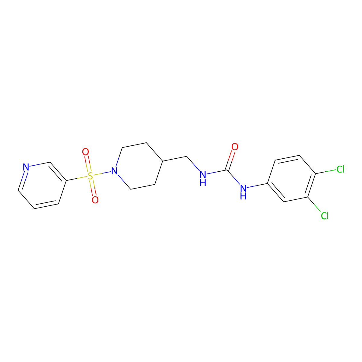 1-(3,4-Dichlorophenyl)-3-((1-(pyridin-3-ylsulfonyl)piperidin-4-yl)methyl)urea molecular structure, CAS 1428352-80-0