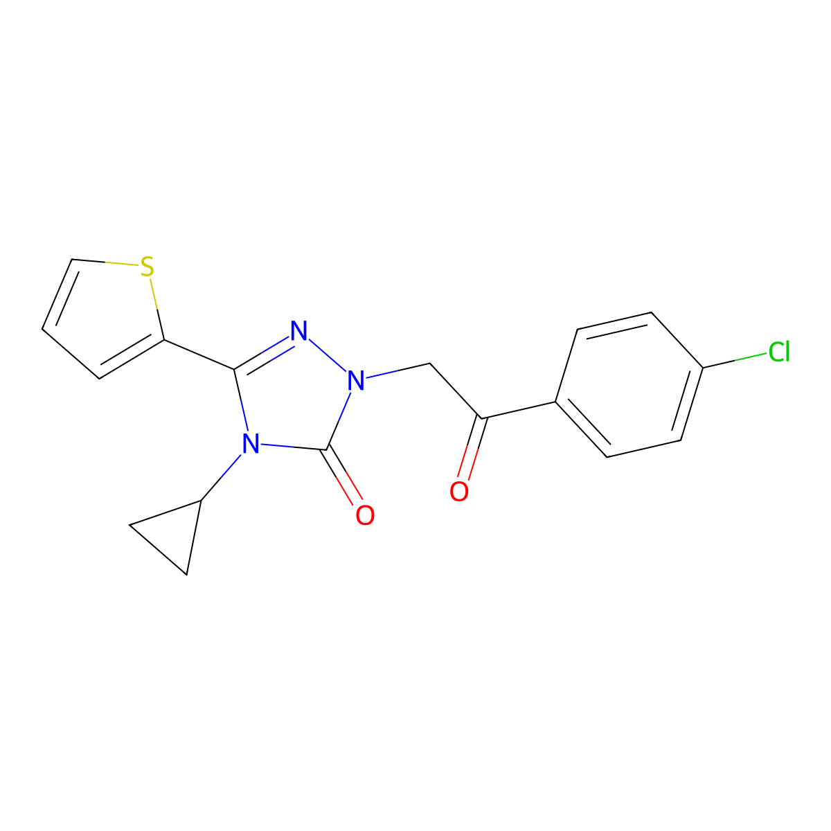 1-(2-(4-chlorophenyl)-2-oxoethyl)-4-cyclopropyl-3-(thiophen-2-yl)-1H-1,2,4-triazol-5(4H)-one molecular structure, CAS 1428352-83-3
