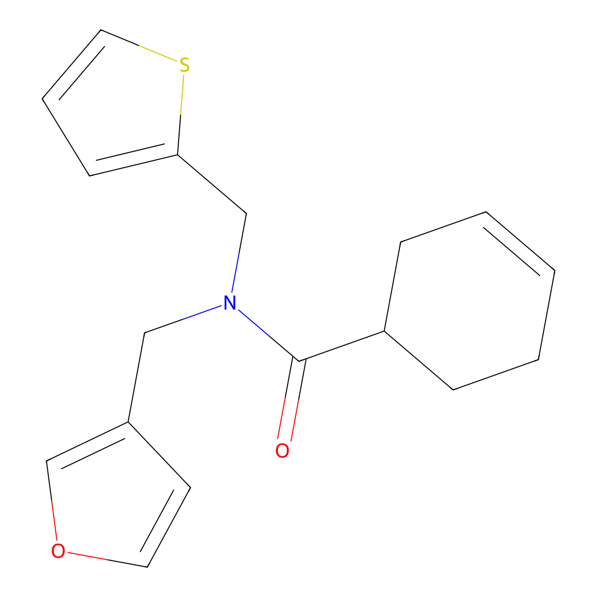 N-(furan-3-ylmethyl)-N-(thiophen-2-ylmethyl)cyclohex-3-enecarboxamide molecular structure, CAS 1428352-88-8