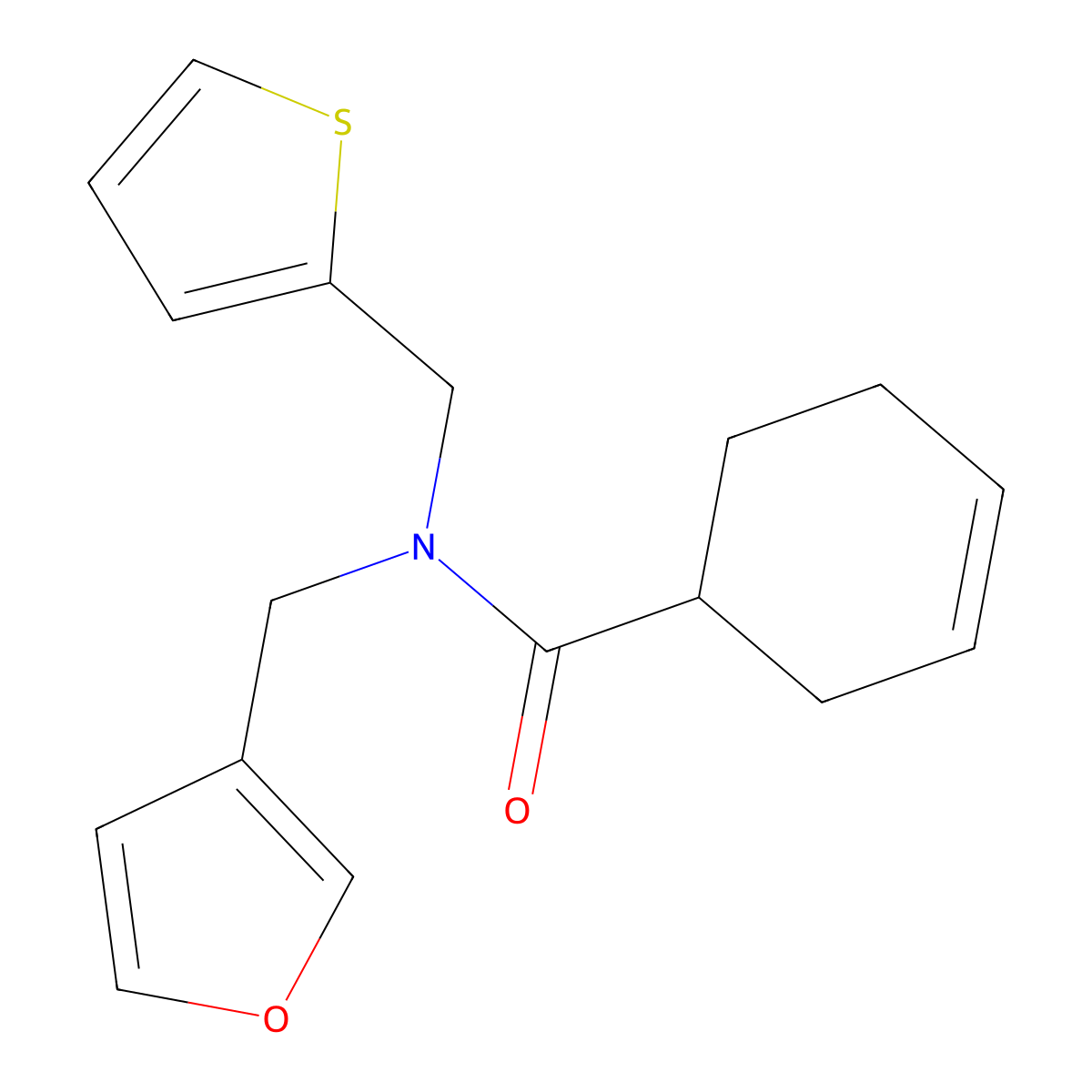 N-(furan-3-ylmethyl)-N-(thiophen-2-ylmethyl)cyclohex-3-enecarboxamide molecular structure, CAS 1428352-88-8