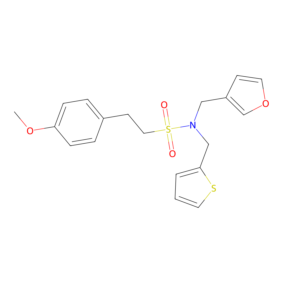 N-(furan-3-ylmethyl)-2-(4-methoxyphenyl)-N-(thiophen-2-ylmethyl)ethanesulfonamide molecular structure, CAS 1428352-96-8
