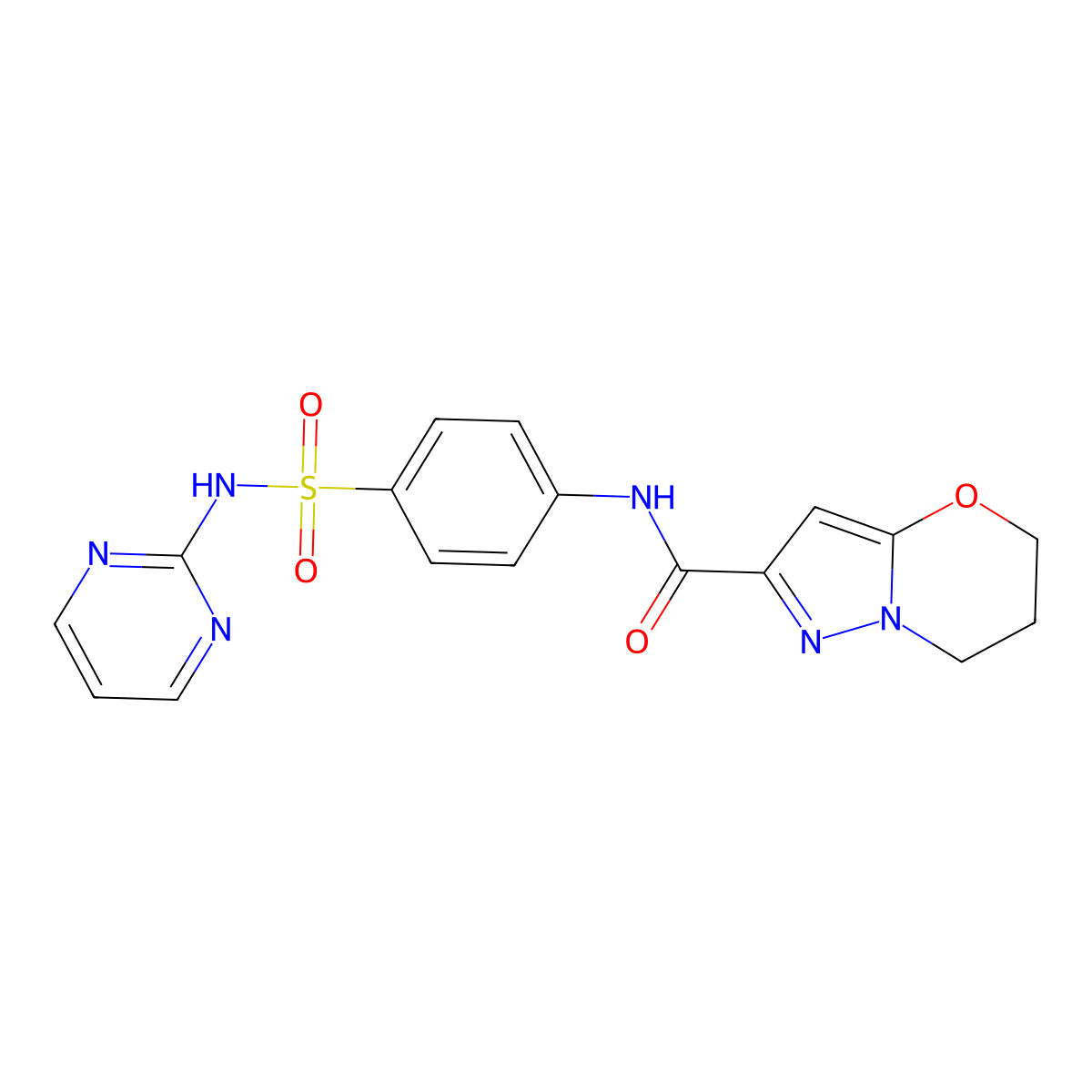 N-(4-(N-(pyrimidin-2-yl)sulfamoyl)phenyl)-6,7-dihydro-5H-pyrazolo[5,1-b][1,3]oxazine-2-carboxamide molecular structure, CAS 1428353-03-0