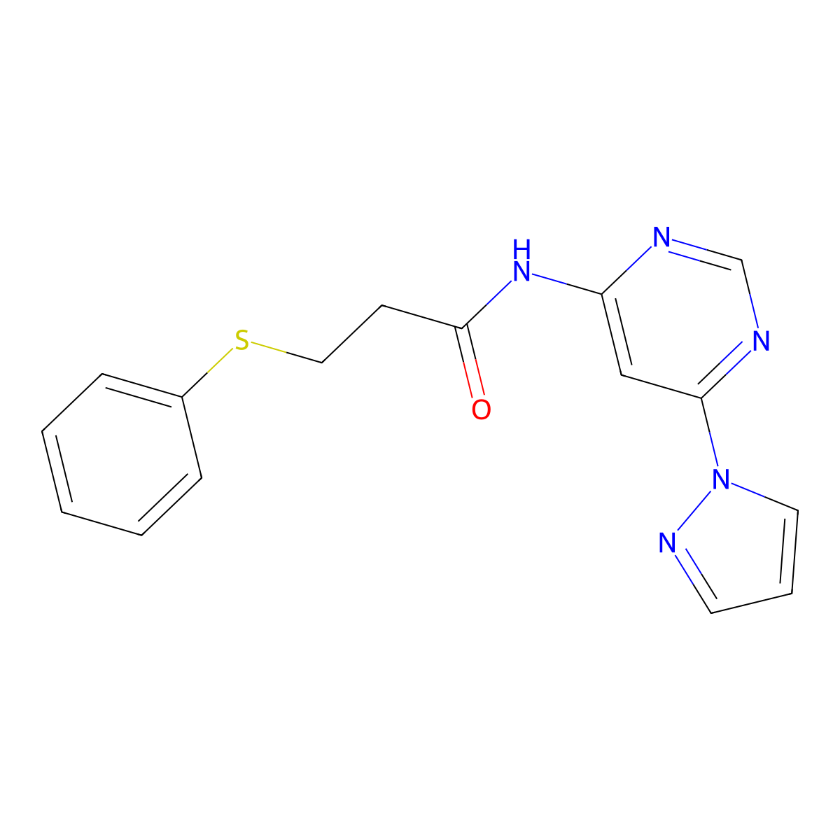 N-(6-(1H-pyrazol-1-yl)pyrimidin-4-yl)-3-(phenylthio)propanamide molecular structure, CAS 1428355-13-8