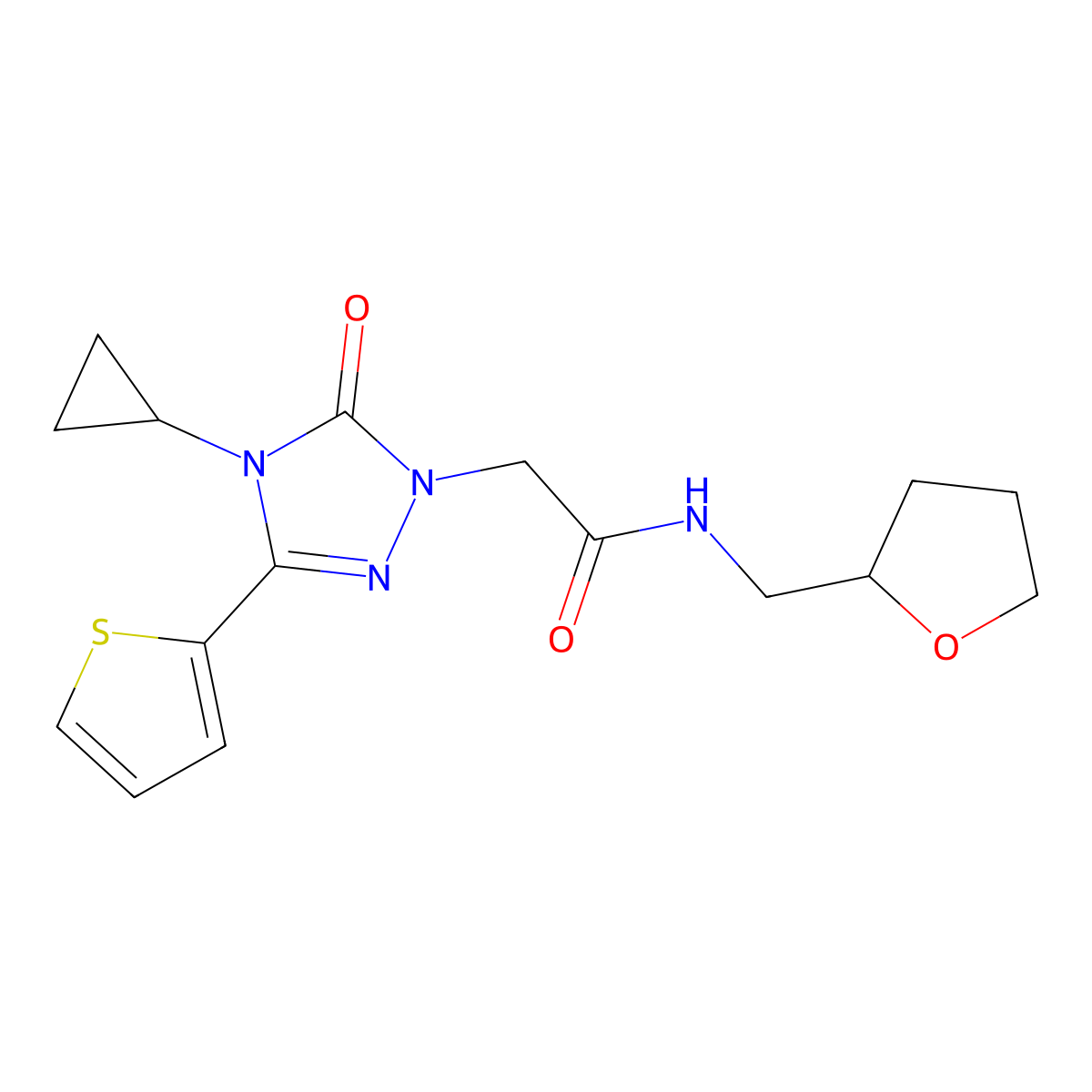 2-(4-cyclopropyl-5-oxo-3-(thiophen-2-yl)-4,5-dihydro-1H-1,2,4-triazol-1-yl)-N-((tetrahydrofuran-2-yl)methyl)acetamide molecular structure, CAS 1428355-14-9