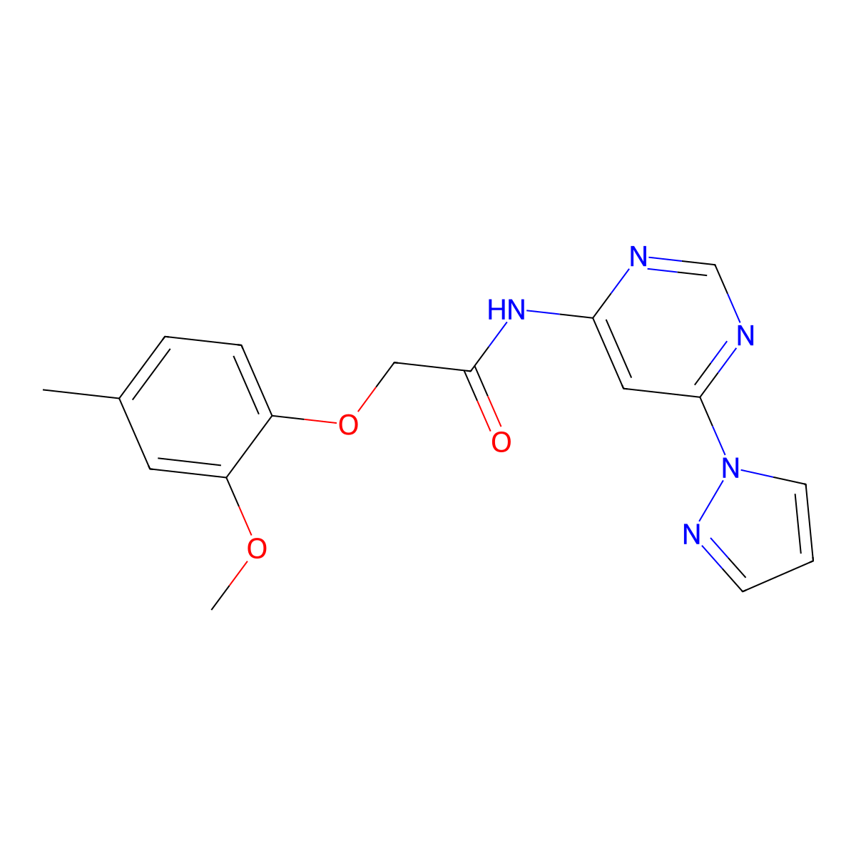 N-(6-(1H-pyrazol-1-yl)pyrimidin-4-yl)-2-(2-methoxy-4-methylphenoxy)acetamide molecular structure, CAS 1428355-24-1