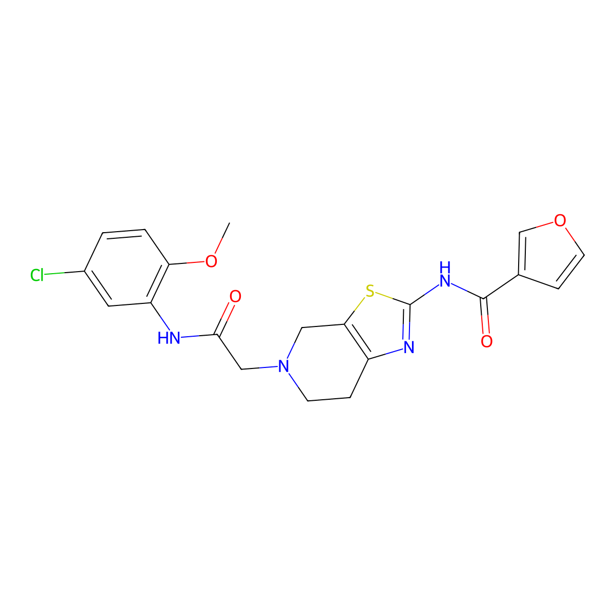 N-(5-(2-((5-chloro-2-methoxyphenyl)amino)-2-oxoethyl)-4,5,6,7-tetrahydrothiazolo[5,4-c]pyridin-2-yl)furan-3-carboxamide molecular structure, CAS 1428355-31-0