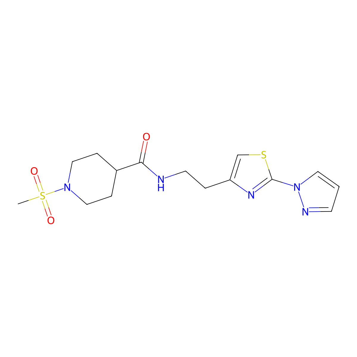 N-(2-(2-(1H-pyrazol-1-yl)thiazol-4-yl)ethyl)-1-(methylsulfonyl)piperidine-4-carboxamide molecular structure, CAS 1428355-37-6