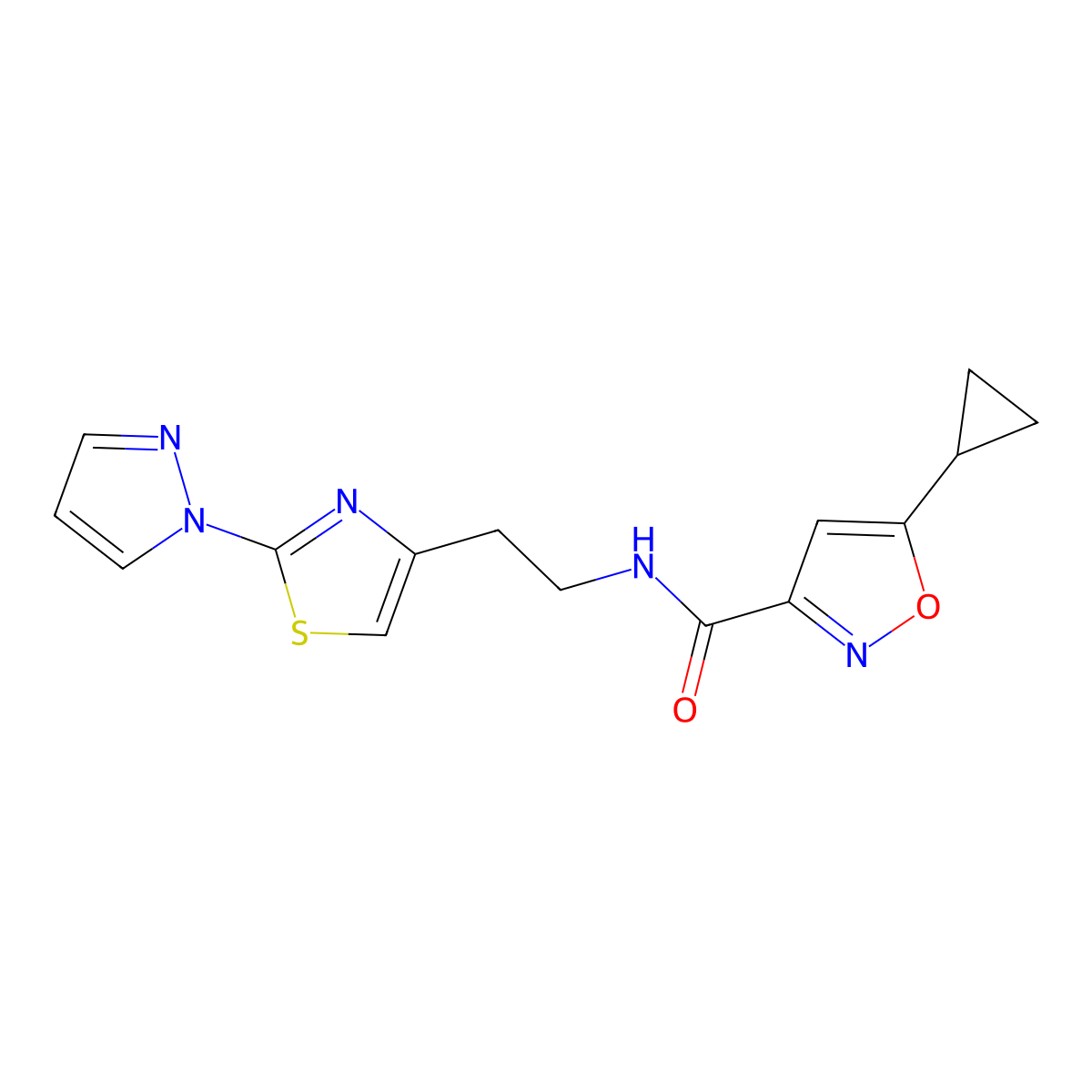 N-(2-(2-(1H-pyrazol-1-yl)thiazol-4-yl)ethyl)-5-cyclopropylisoxazole-3-carboxamide molecular structure, CAS 1428355-48-9