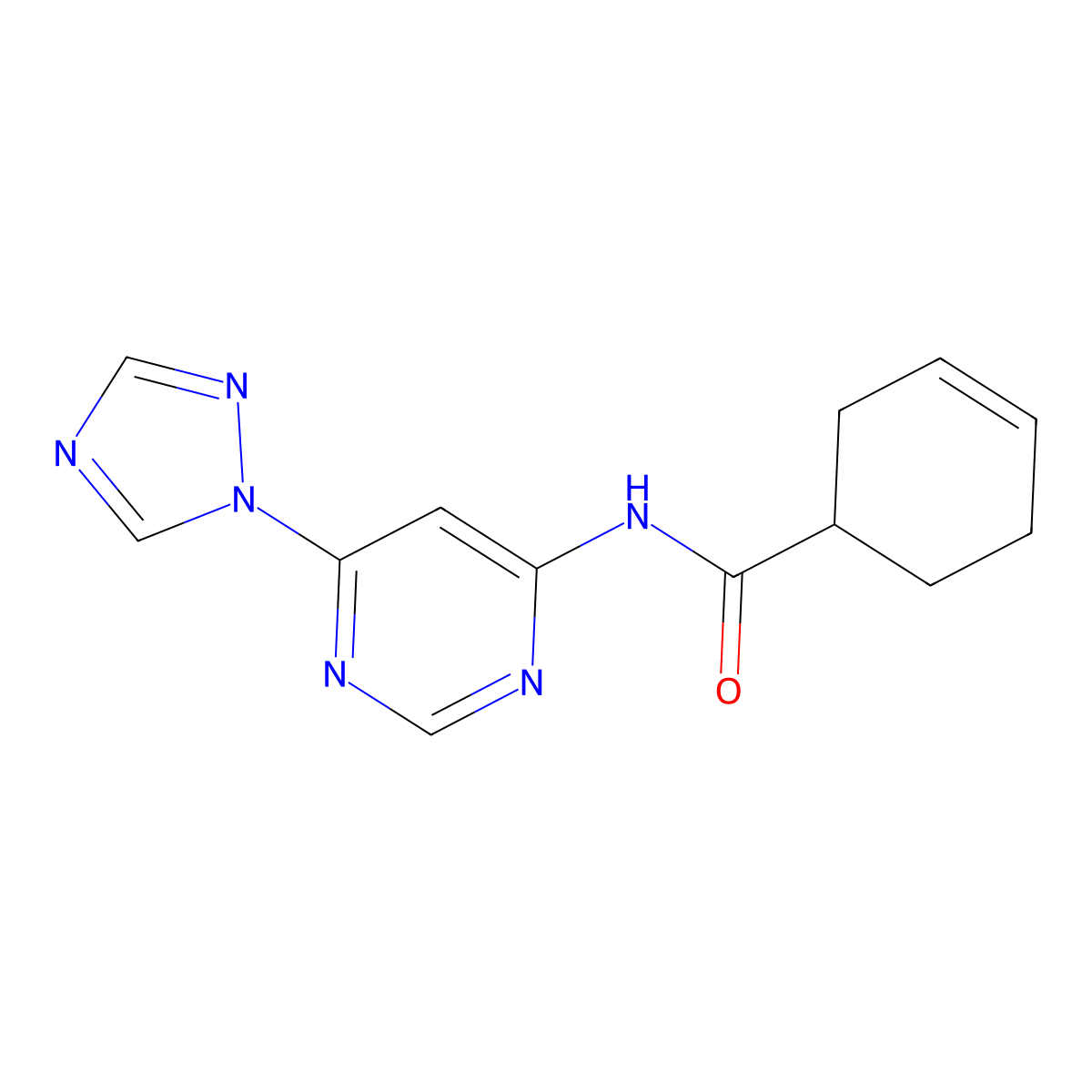 N-(6-(1H-1,2,4-triazol-1-yl)pyrimidin-4-yl)cyclohex-3-enecarboxamide molecular structure, CAS 1428355-60-5