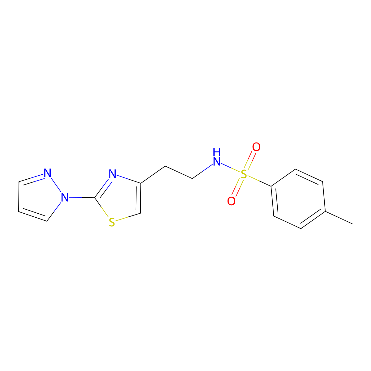 N-(2-(2-(1H-pyrazol-1-yl)thiazol-4-yl)ethyl)-4-methylbenzenesulfonamide molecular structure, CAS 1428355-64-9