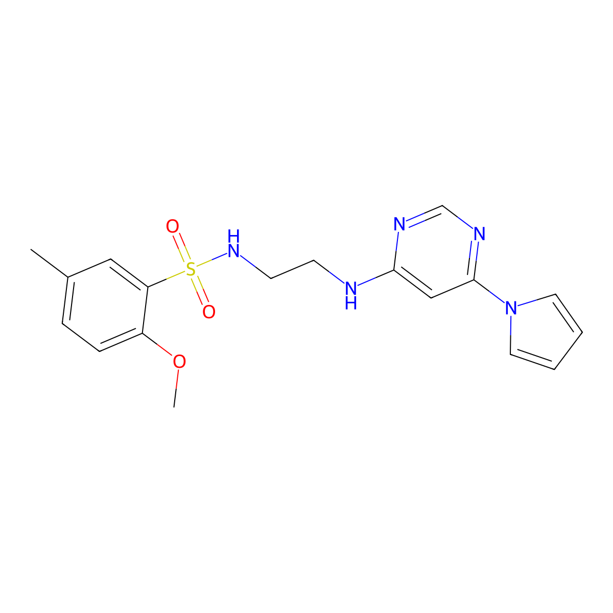 N-(2-((6-(1H-pyrrol-1-yl)pyrimidin-4-yl)amino)ethyl)-2-methoxy-5-methylbenzenesulfonamide molecular structure, CAS 1428355-74-1