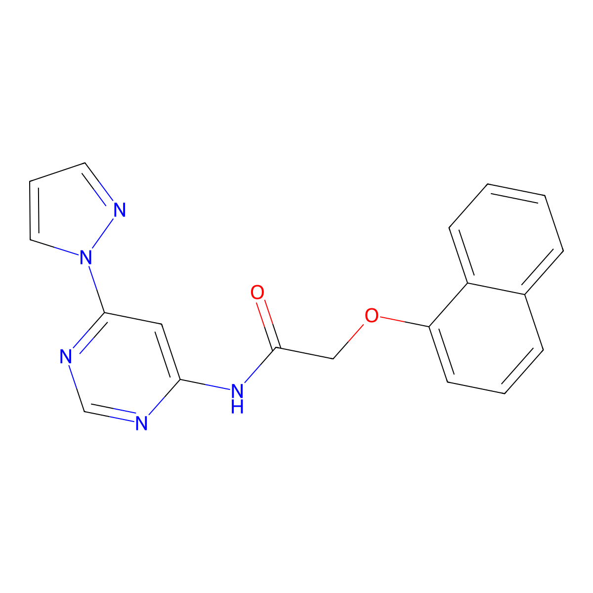 2-(naphthalen-1-yloxy)-N-[6-(1H-pyrazol-1-yl)pyrimidin-4-yl]acetamide molecular structure, CAS 1428355-80-9