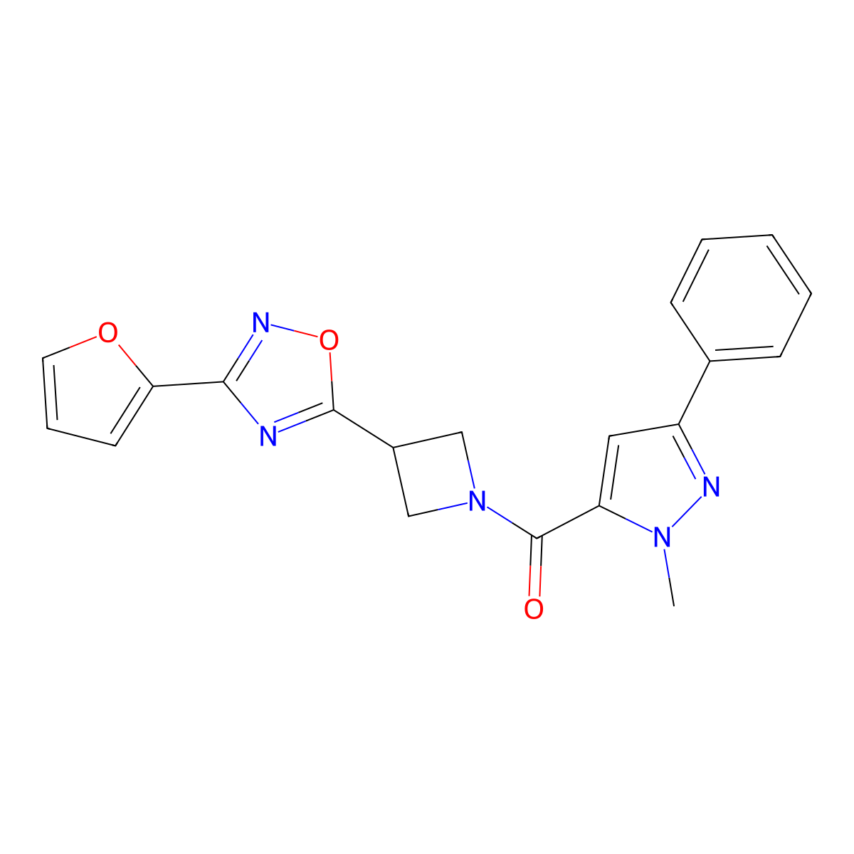 (3-(3-(furan-2-yl)-1,2,4-oxadiazol-5-yl)azetidin-1-yl)(1-methyl-3-phenyl-1H-pyrazol-5-yl)methanone molecular structure, CAS 1428355-87-6