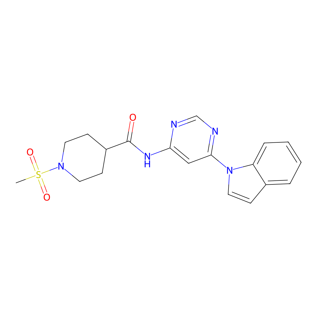 N-(6-(1H-indol-1-yl)pyrimidin-4-yl)-1-(methylsulfonyl)piperidine-4-carboxamide molecular structure, CAS 1428355-88-7