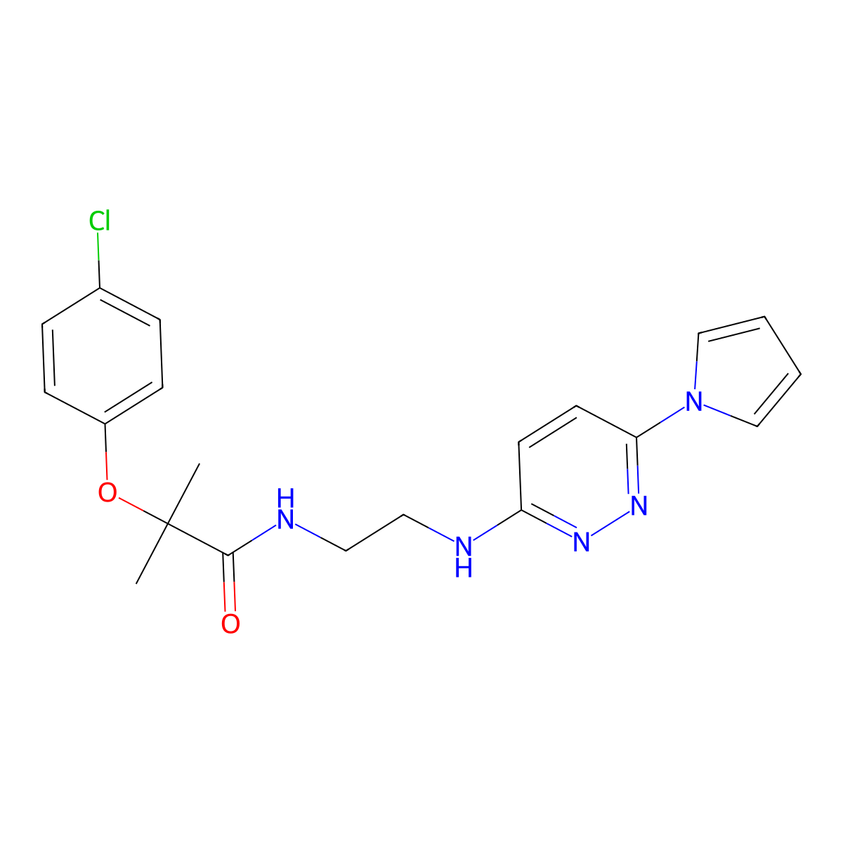 N-(2-((6-(1H-pyrrol-1-yl)pyridazin-3-yl)amino)ethyl)-2-(4-chlorophenoxy)-2-methylpropanamide molecular structure, CAS 1428355-92-3