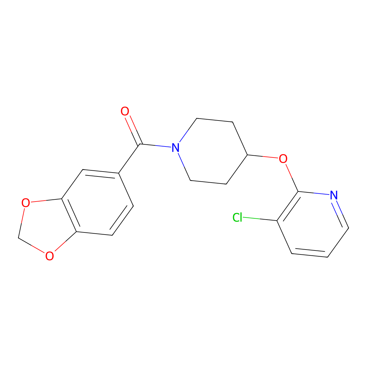 Benzo[d][1,3]dioxol-5-yl(4-((3-chloropyridin-2-yl)oxy)piperidin-1-yl)methanone molecular structure, CAS 1428355-93-4