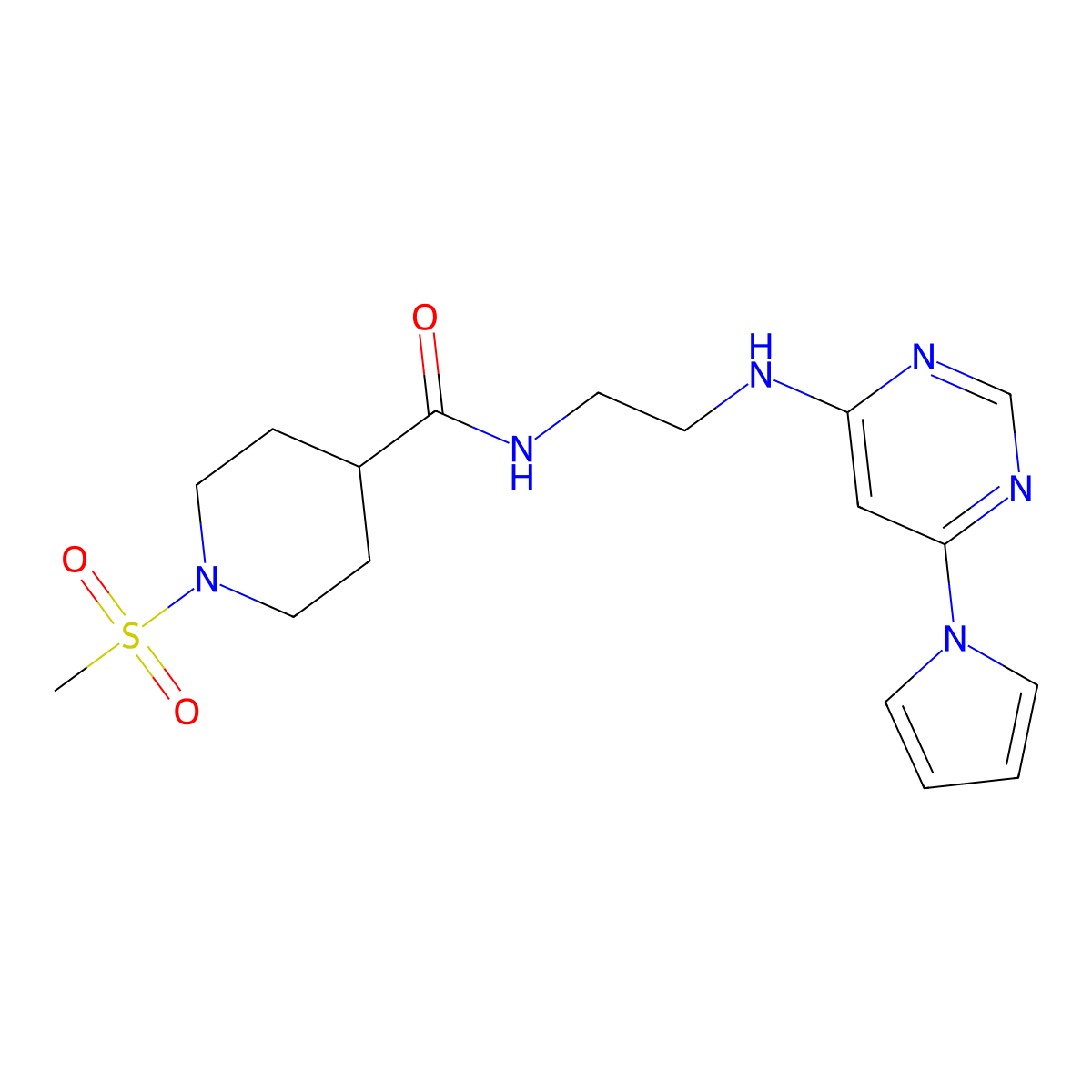 N-(2-((6-(1H-pyrrol-1-yl)pyrimidin-4-yl)amino)ethyl)-1-(methylsulfonyl)piperidine-4-carboxamide molecular structure, CAS 1428356-04-0