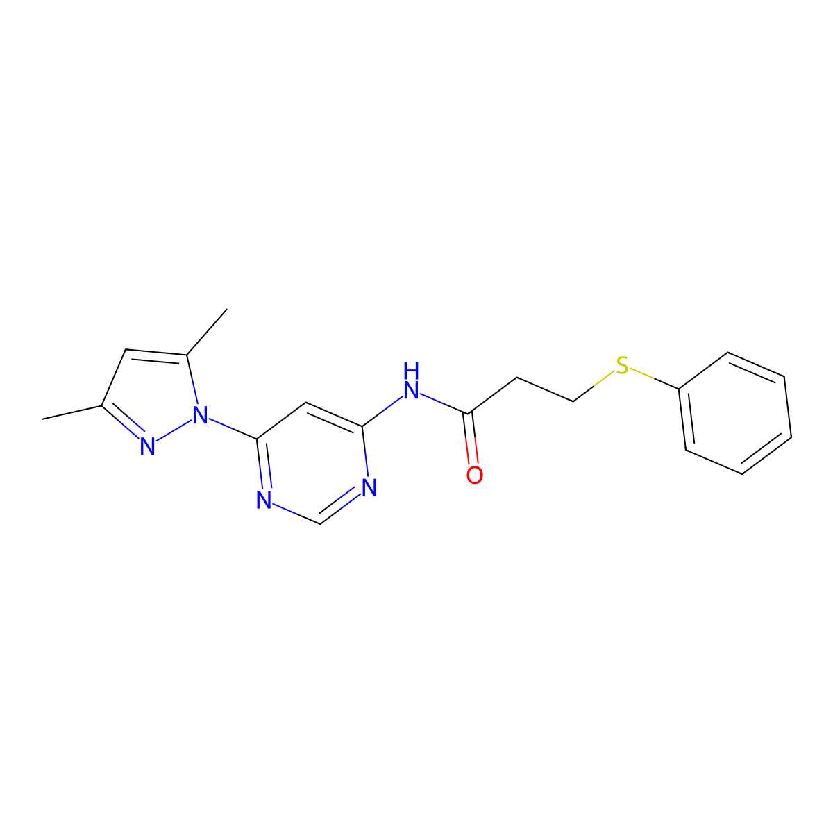 N-(6-(3,5-dimethyl-1H-pyrazol-1-yl)pyrimidin-4-yl)-3-(phenylthio)propanamide molecular structure, CAS 1428356-05-1