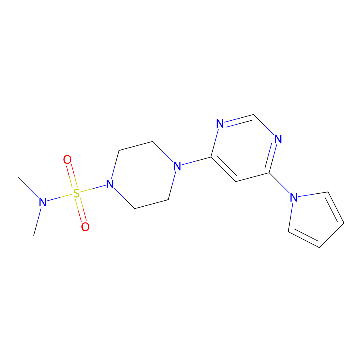 4-(6-(1H-pyrrol-1-yl)pyrimidin-4-yl)-N,N-dimethylpiperazine-1-sulfonamide molecular structure, CAS 1428356-25-5