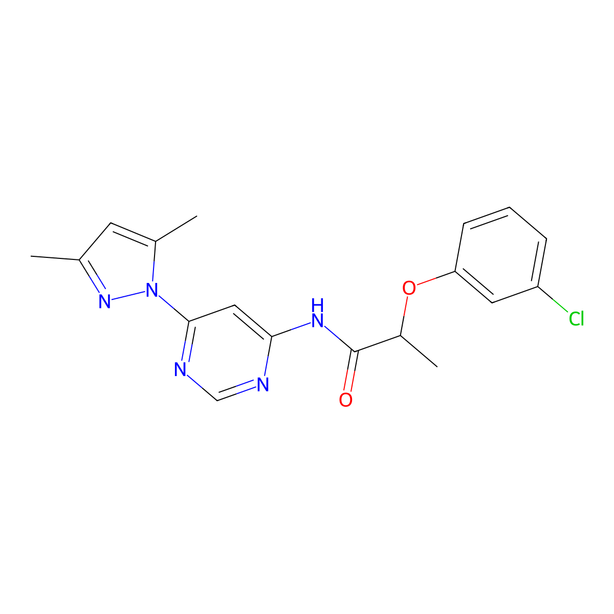 2-(3-chlorophenoxy)-N-(6-(3,5-dimethyl-1H-pyrazol-1-yl)pyrimidin-4-yl)propanamide molecular structure, CAS 1428356-26-6