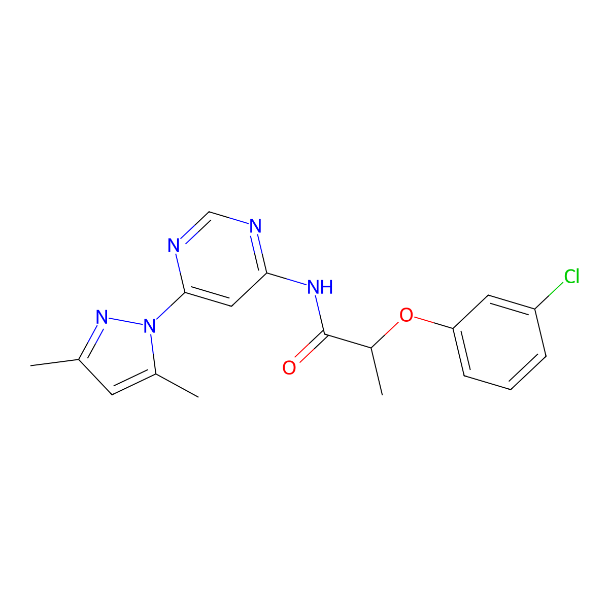 2-(3-chlorophenoxy)-N-(6-(3,5-dimethyl-1H-pyrazol-1-yl)pyrimidin-4-yl)propanamide molecular structure, CAS 1428356-26-6