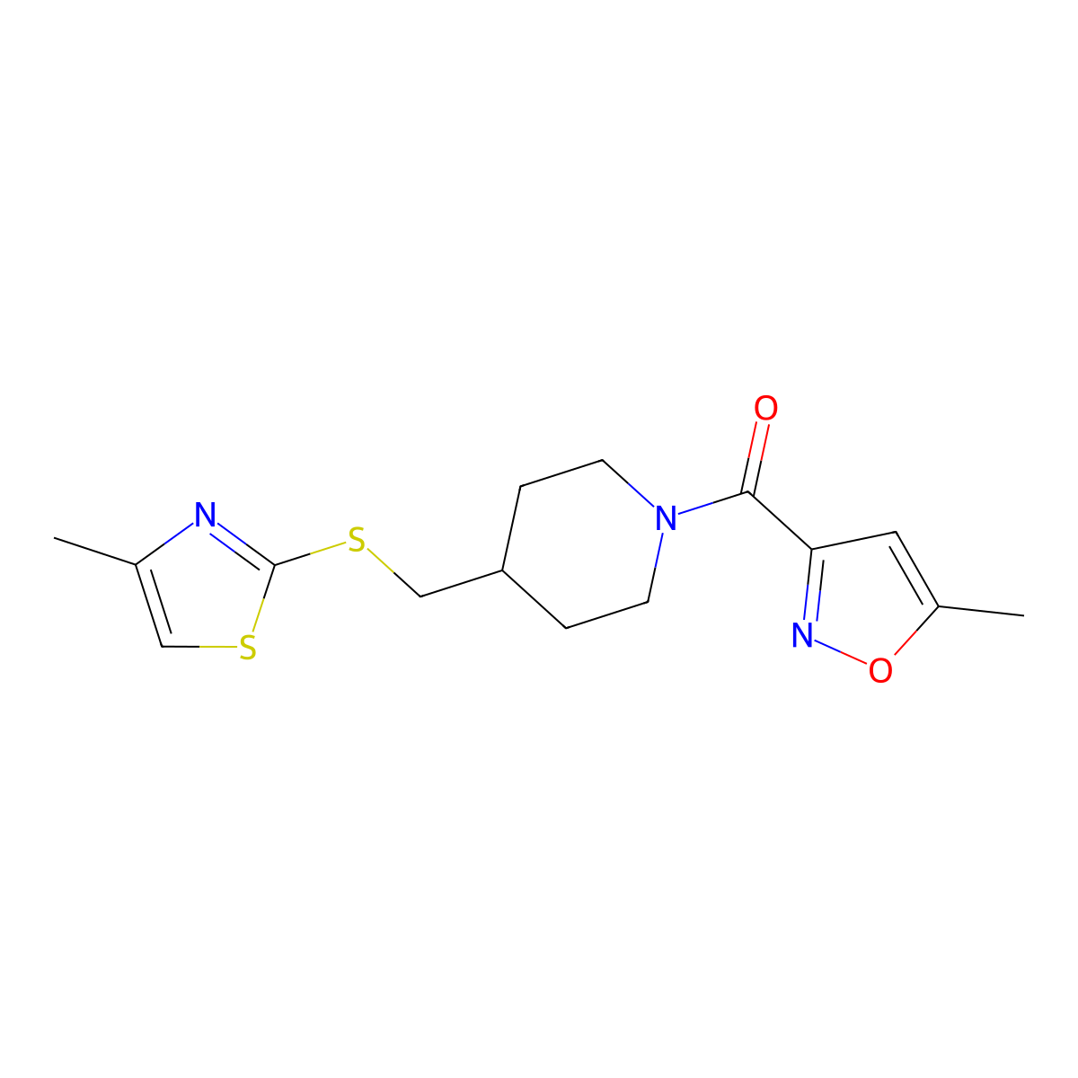 (5-Methylisoxazol-3-yl)(4-(((4-methylthiazol-2-yl)thio)methyl)piperidin-1-yl)methanone molecular structure, CAS 1428356-34-6