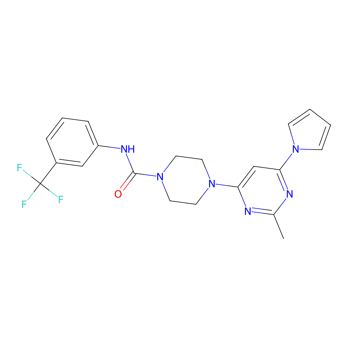 4-(2-methyl-6-(1H-pyrrol-1-yl)pyrimidin-4-yl)-N-(3-(trifluoromethyl)phenyl)piperazine-1-carboxamide molecular structure, CAS 1428356-35-7