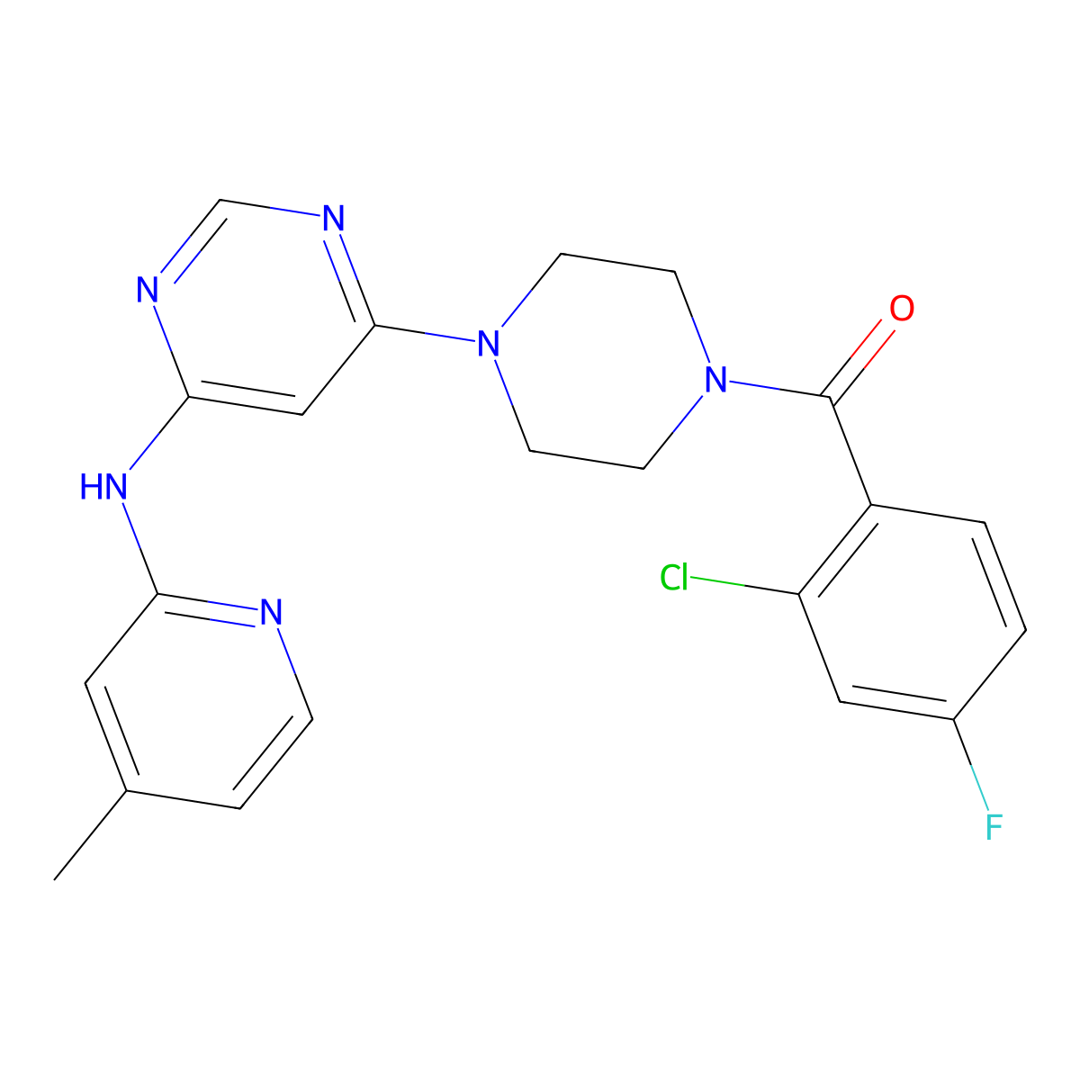 (2-Chloro-4-fluorophenyl)(4-(6-((4-methylpyridin-2-yl)amino)pyrimidin-4-yl)piperazin-1-yl)methanone molecular structure, CAS 1428356-45-9