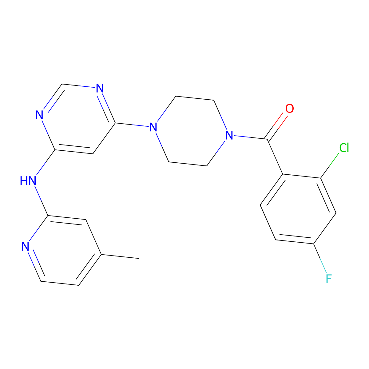(2-Chloro-4-fluorophenyl)(4-(6-((4-methylpyridin-2-yl)amino)pyrimidin-4-yl)piperazin-1-yl)methanone molecular structure, CAS 1428356-45-9