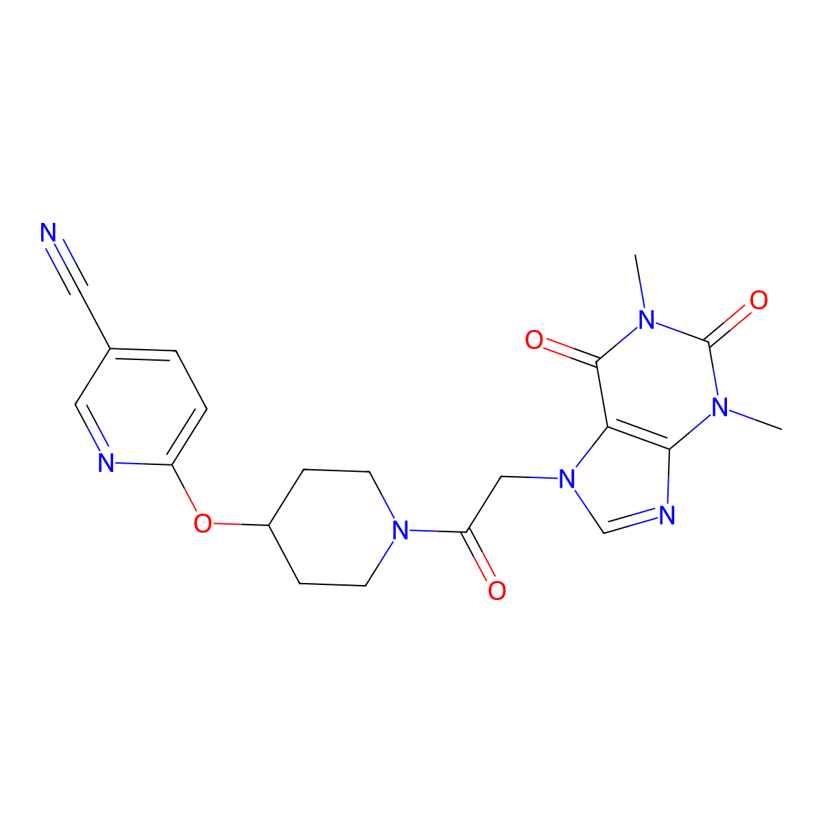 6-((1-(2-(1,3-dimethyl-2,6-dioxo-2,3-dihydro-1H-purin-7(6H)-yl)acetyl)piperidin-4-yl)oxy)nicotinonitrile molecular structure, CAS 1428356-49-3