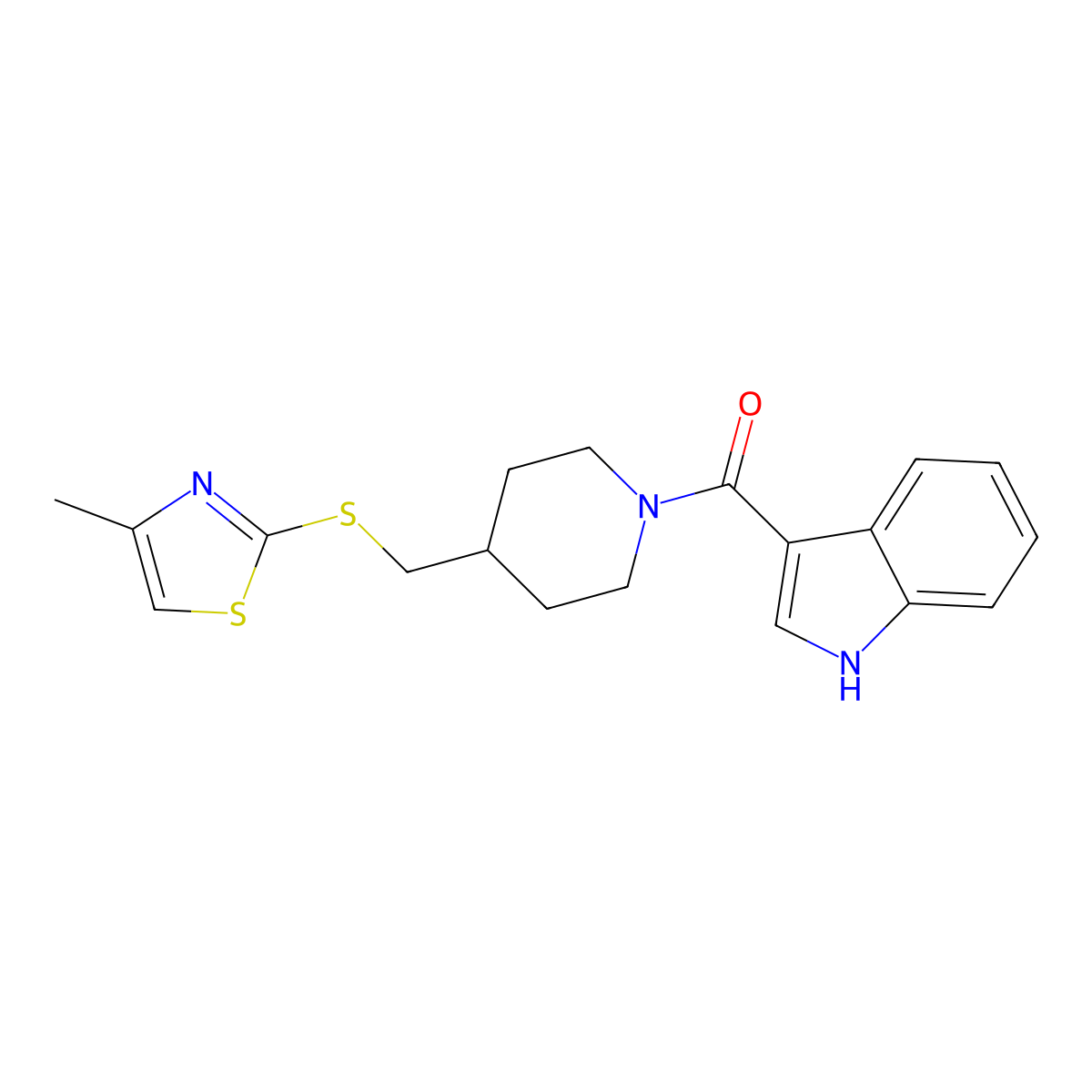 (1H-indol-3-yl)(4-(((4-methylthiazol-2-yl)thio)methyl)piperidin-1-yl)methanone molecular structure, CAS 1428356-53-9