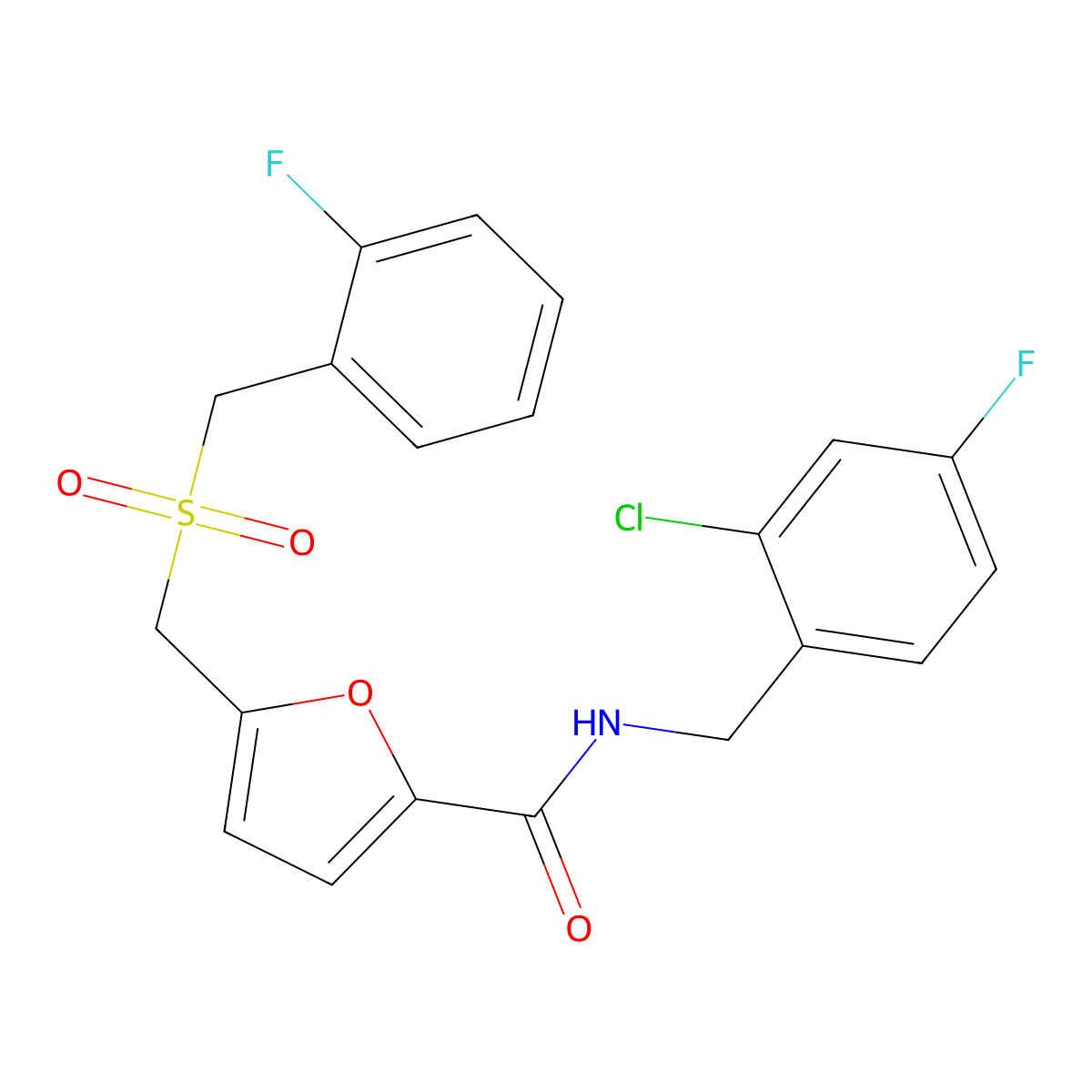 N-(2-chloro-4-fluorobenzyl)-5-(((2-fluorobenzyl)sulfonyl)methyl)furan-2-carboxamide molecular structure, CAS 1428356-56-2