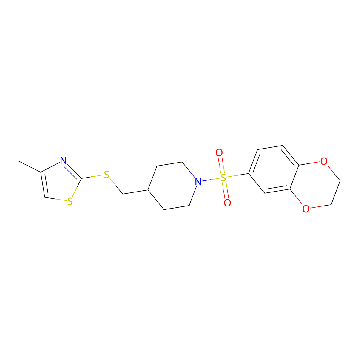 2-(((1-((2,3-Dihydrobenzo[b][1,4]dioxin-6-yl)sulfonyl)piperidin-4-yl)methyl)thio)-4-methylthiazole molecular structure, CAS 1428356-69-7