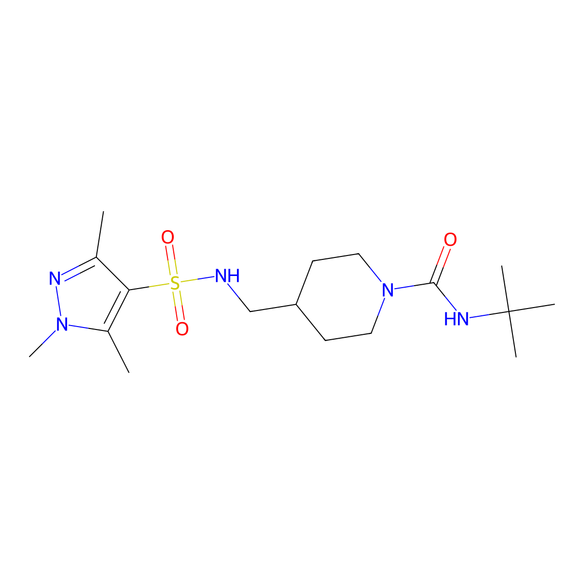 N-(tert-butyl)-4-((1,3,5-trimethyl-1H-pyrazole-4-sulfonamido)methyl)piperidine-1-carboxamide molecular structure, CAS 1428356-71-1