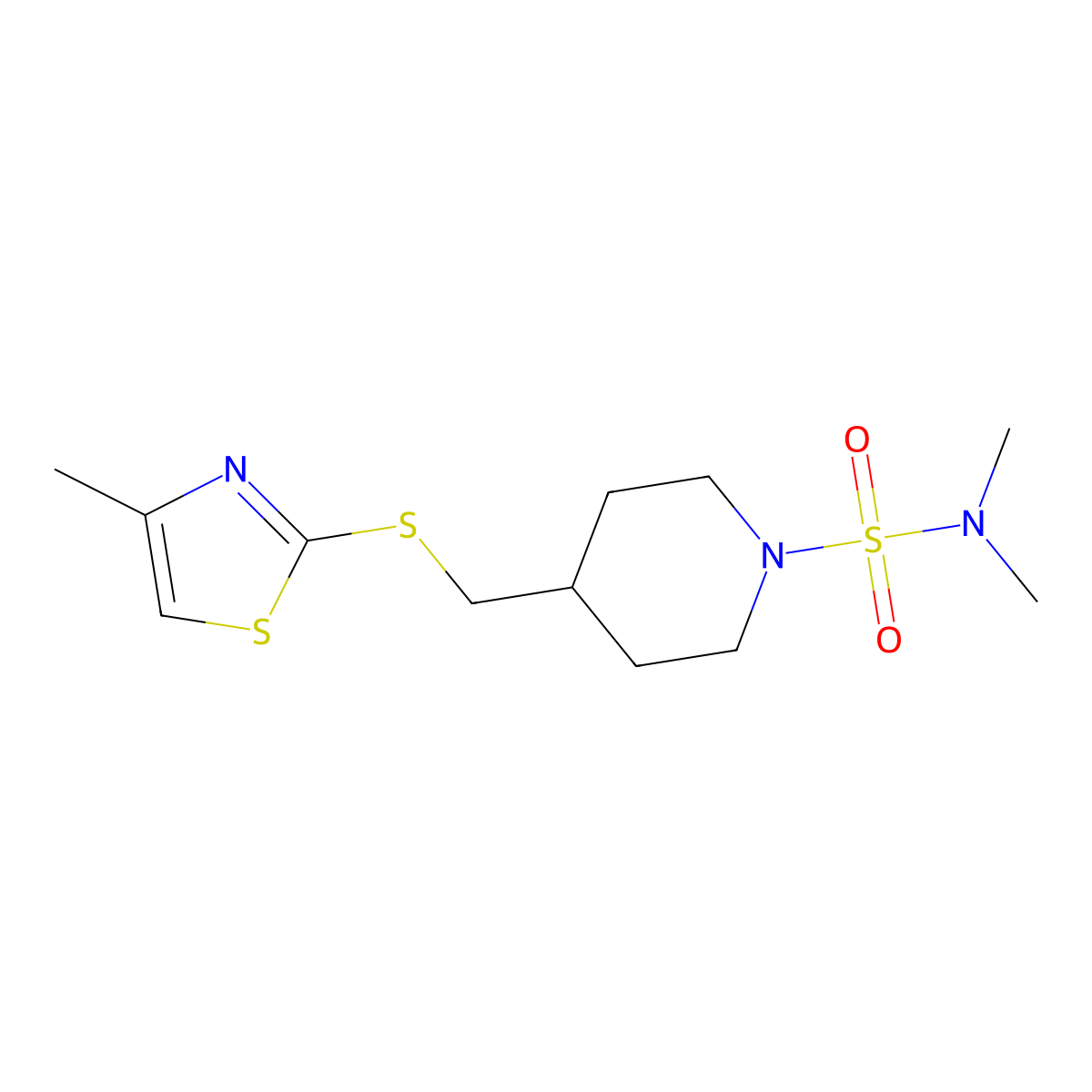 N,N-dimethyl-4-(((4-methylthiazol-2-yl)thio)methyl)piperidine-1-sulfonamide molecular structure, CAS 1428356-76-6