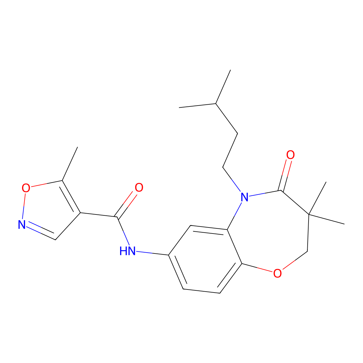 N-(5-isopentyl-3,3-dimethyl-4-oxo-2,3,4,5-tetrahydrobenzo[b][1,4]oxazepin-7-yl)-5-methylisoxazole-4-carboxamide molecular structure, CAS 1428356-78-8