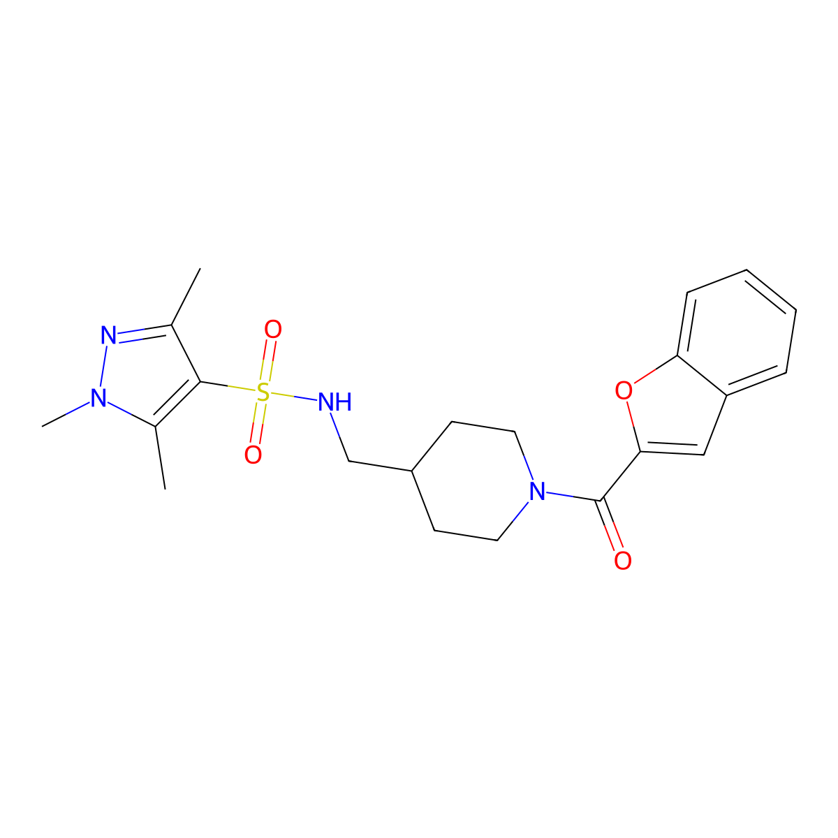 N-((1-(benzofuran-2-carbonyl)piperidin-4-yl)methyl)-1,3,5-trimethyl-1H-pyrazole-4-sulfonamide molecular structure, CAS 1428356-80-2