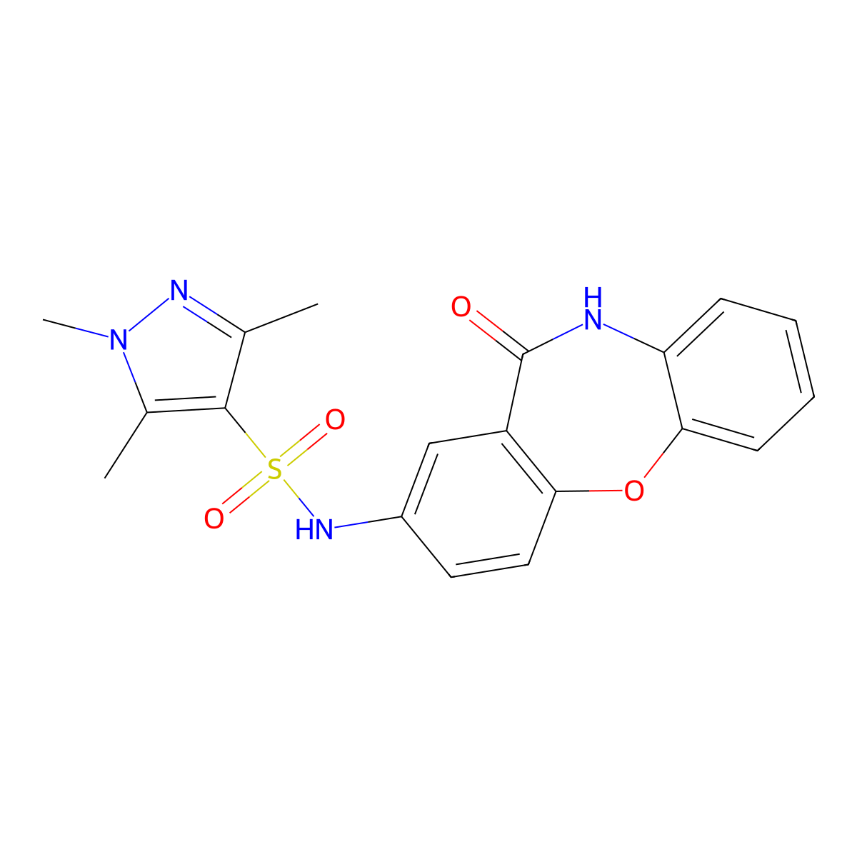 1,3,5-trimethyl-N-{10-oxo-2-oxa-9-azatricyclo[9.4.0.0^{3,8}]pentadeca-1(11),3(8),4,6,12,14-hexaen-13-yl}-1H-pyrazole-4-sulfonamide molecular structure, CAS 1428356-89-1