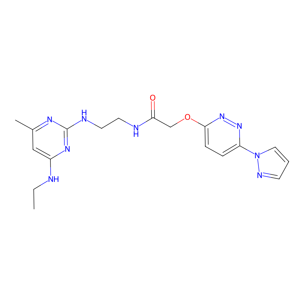 2-((6-(1H-pyrazol-1-yl)pyridazin-3-yl)oxy)-N-(2-((4-(ethylamino)-6-methylpyrimidin-2-yl)amino)ethyl)acetamide molecular structure, CAS 1428356-92-6