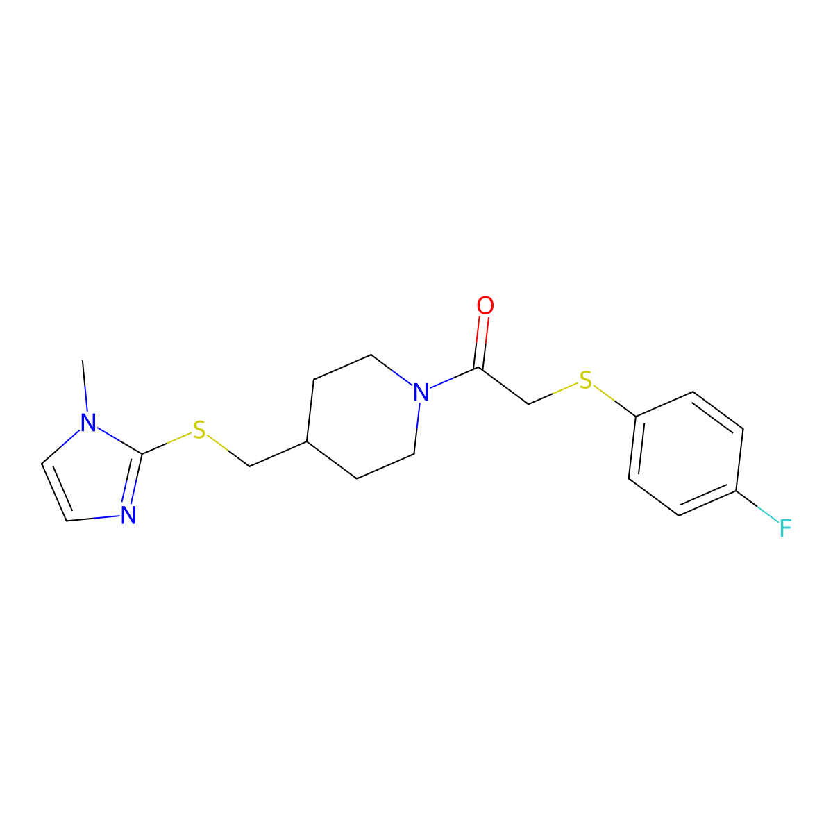 2-((4-fluorophenyl)thio)-1-(4-(((1-methyl-1H-imidazol-2-yl)thio)methyl)piperidin-1-yl)ethanone molecular structure, CAS 1428357-06-5