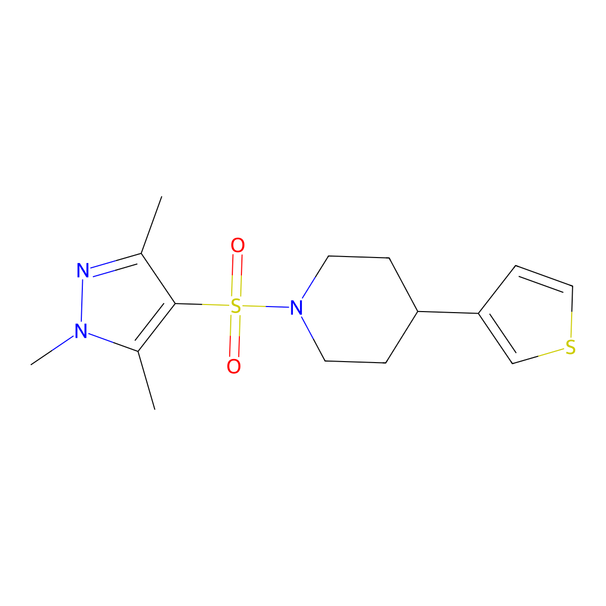 4-(thiophen-3-yl)-1-((1,3,5-trimethyl-1H-pyrazol-4-yl)sulfonyl)piperidine molecular structure, CAS 1428357-07-6