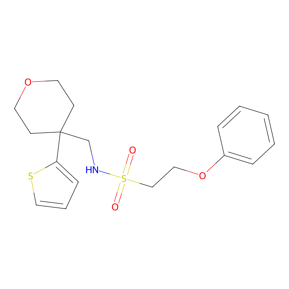 2-phenoxy-N-((4-(thiophen-2-yl)tetrahydro-2H-pyran-4-yl)methyl)ethanesulfonamide molecular structure, CAS 1428357-08-7