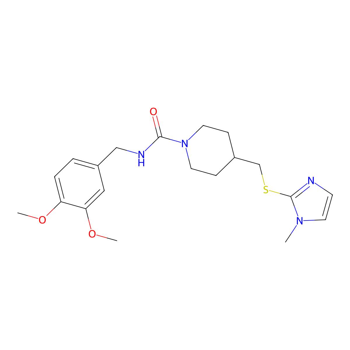 N-(3,4-dimethoxybenzyl)-4-(((1-methyl-1H-imidazol-2-yl)thio)methyl)piperidine-1-carboxamide molecular structure, CAS 1428357-14-5