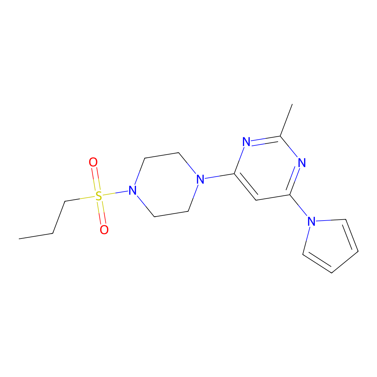2-methyl-4-(4-(propylsulfonyl)piperazin-1-yl)-6-(1H-pyrrol-1-yl)pyrimidine molecular structure, CAS 1428357-21-4