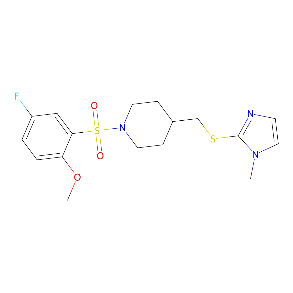 1-((5-fluoro-2-methoxyphenyl)sulfonyl)-4-(((1-methyl-1H-imidazol-2-yl)thio)methyl)piperidine molecular structure, CAS 1428357-23-6