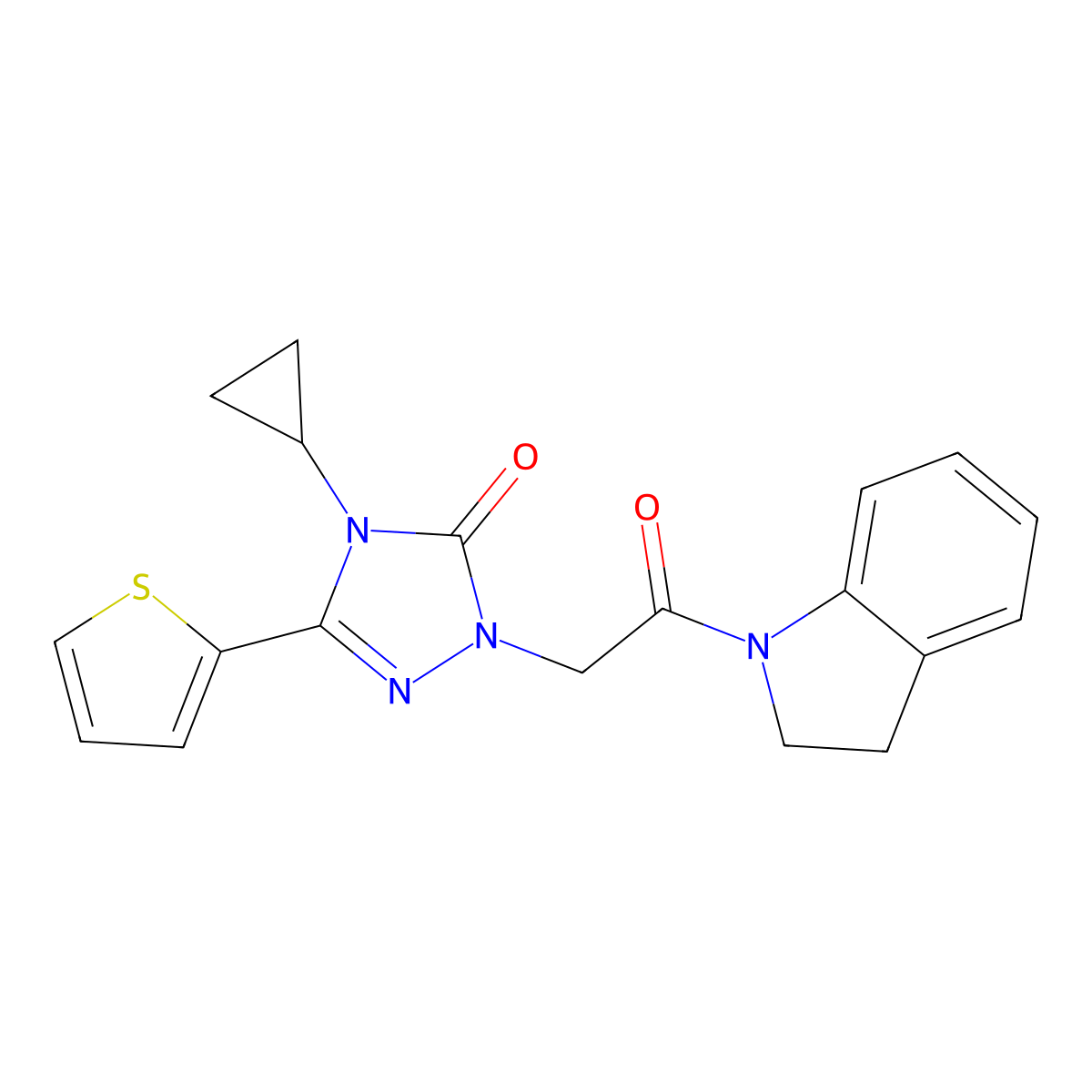 4-cyclopropyl-1-(2-(indolin-1-yl)-2-oxoethyl)-3-(thiophen-2-yl)-1H-1,2,4-triazol-5(4H)-one molecular structure, CAS 1428357-26-9