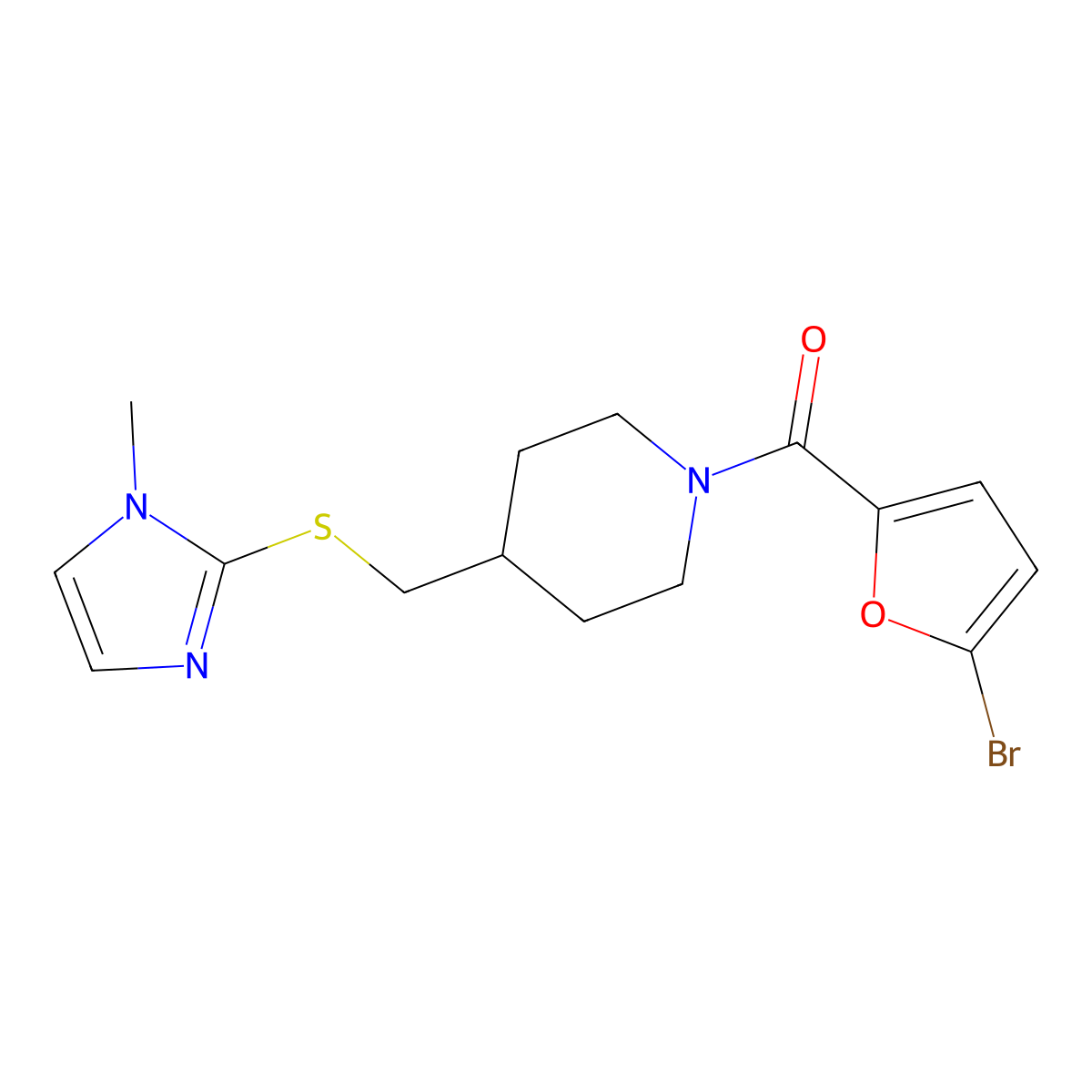 (5-bromofuran-2-yl)(4-(((1-methyl-1H-imidazol-2-yl)thio)methyl)piperidin-1-yl)methanone molecular structure, CAS 1428357-28-1